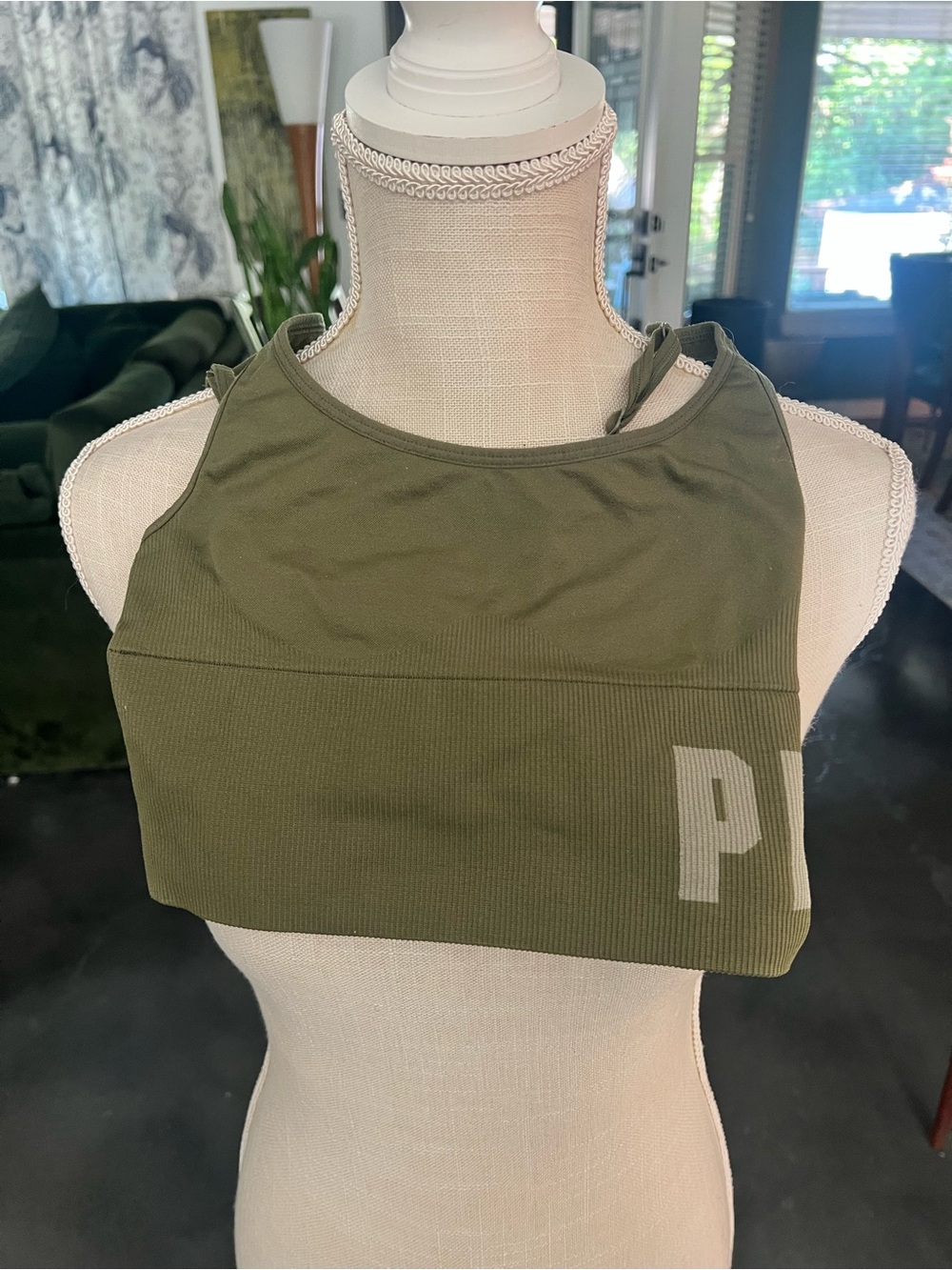 Pink- Olive Green Crop Athletic Tank with Subtle 'P' Logo